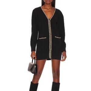 Lovers + Friends Norina Cardigan Dress Black Knit Gold Chain Trim Sweater Mini